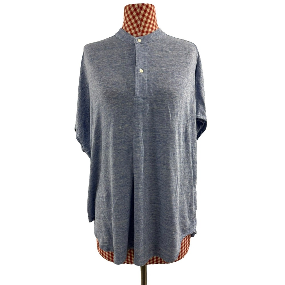J McLAUGHLIN Tunic Top Womens Sz XL Blue Linen V-Neck Button Cap Sleeve Boxy